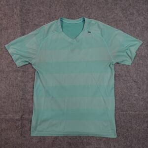 Lululemon Top Womens 10 V-Neck Short Sleeve Blue Striped Run Athletic Workout